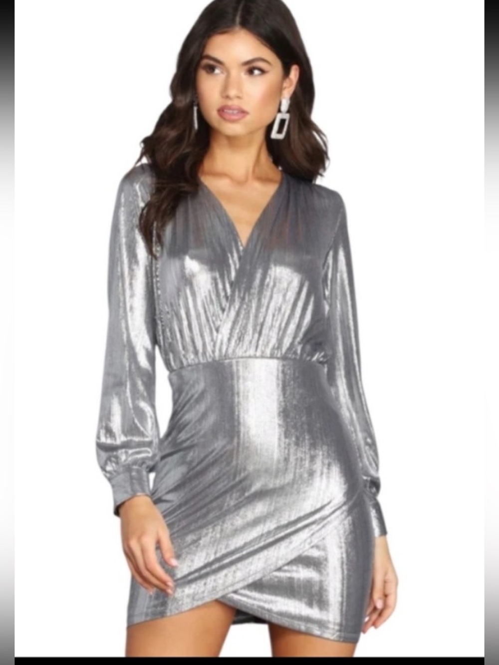 Windsor Silver Metallic Wrap Mini Dress Long Sleeve Size M